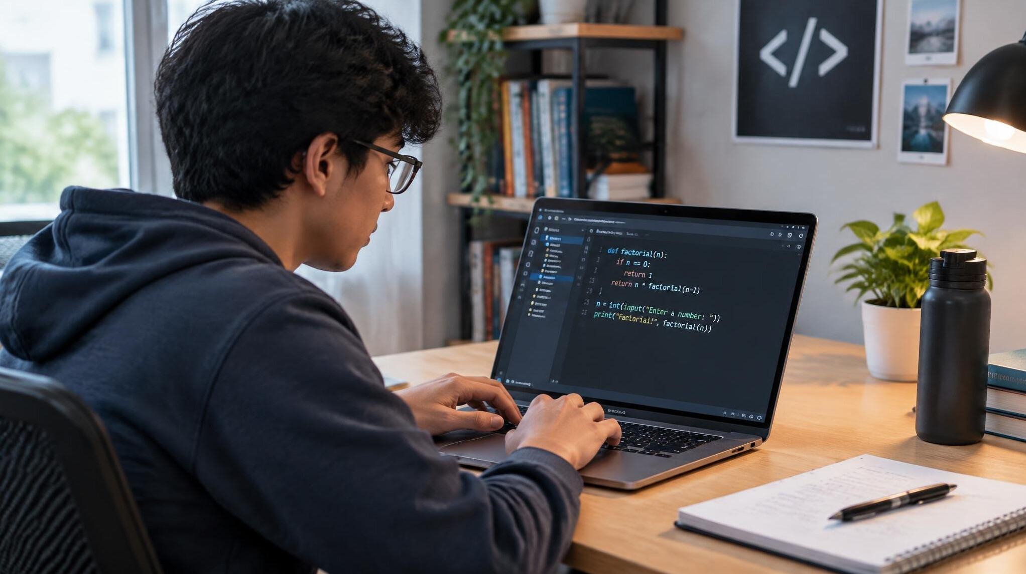young programmer coding on laptop