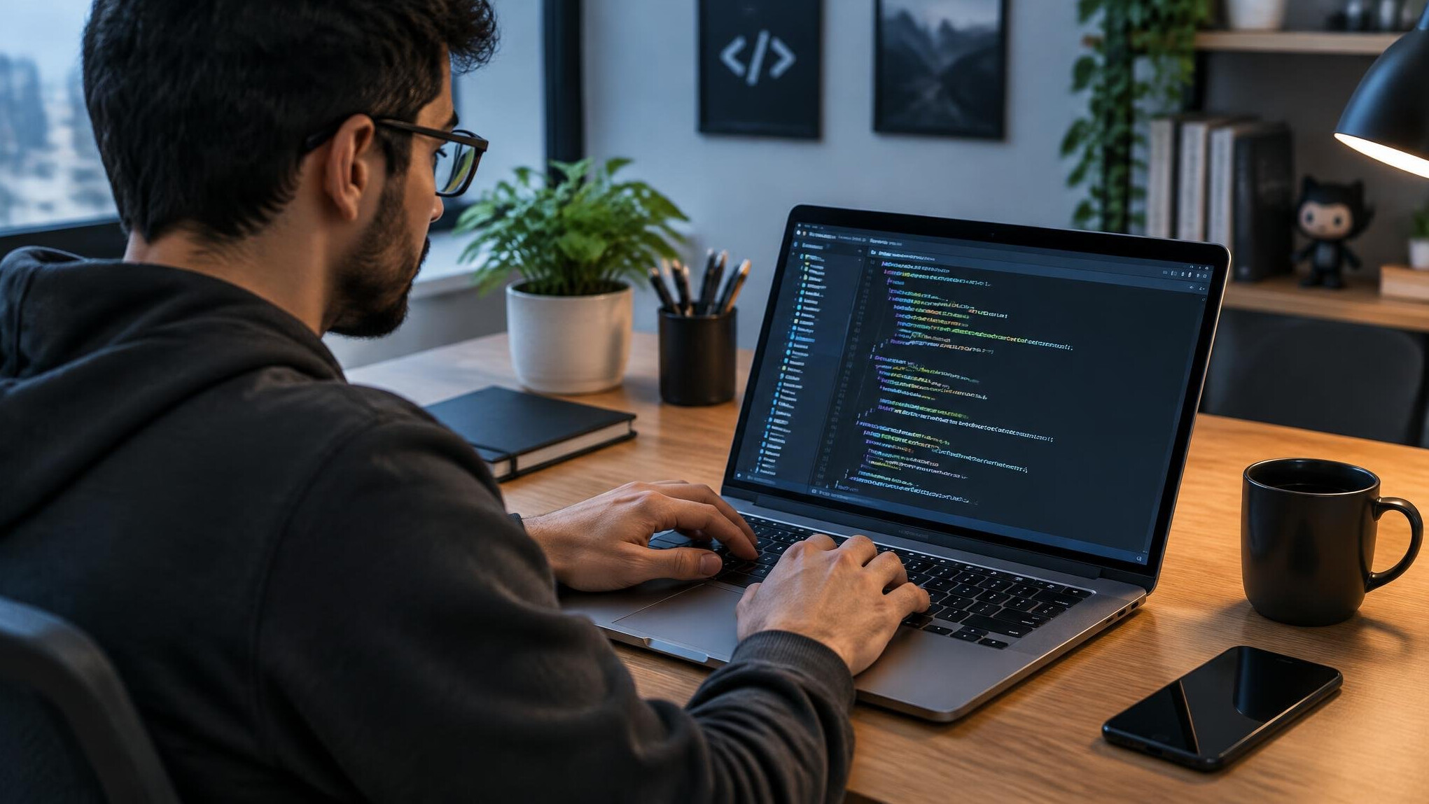 programmer typing code on laptop