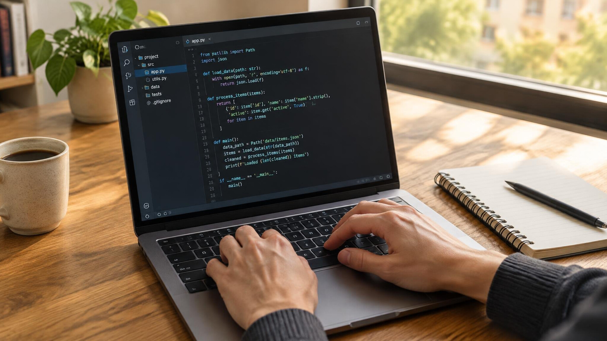 Hands typing code on a laptop keyboard