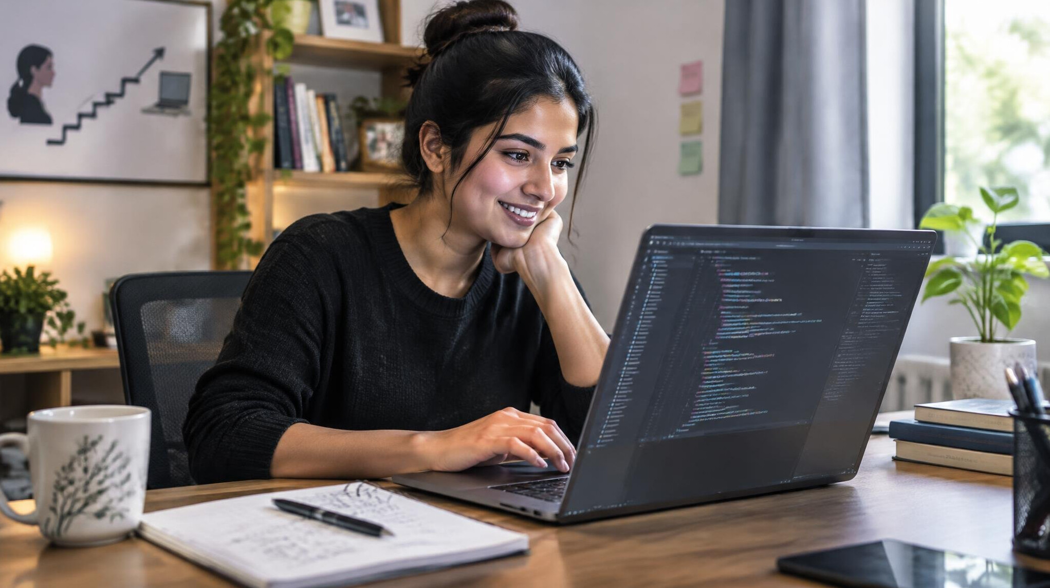 woman coding at home office