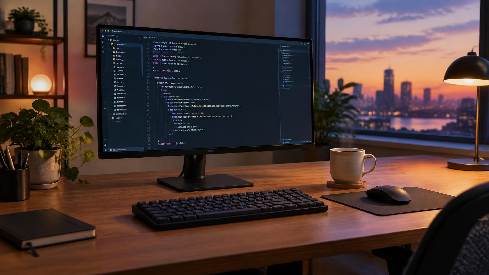 Developer workspace with code on a monitor